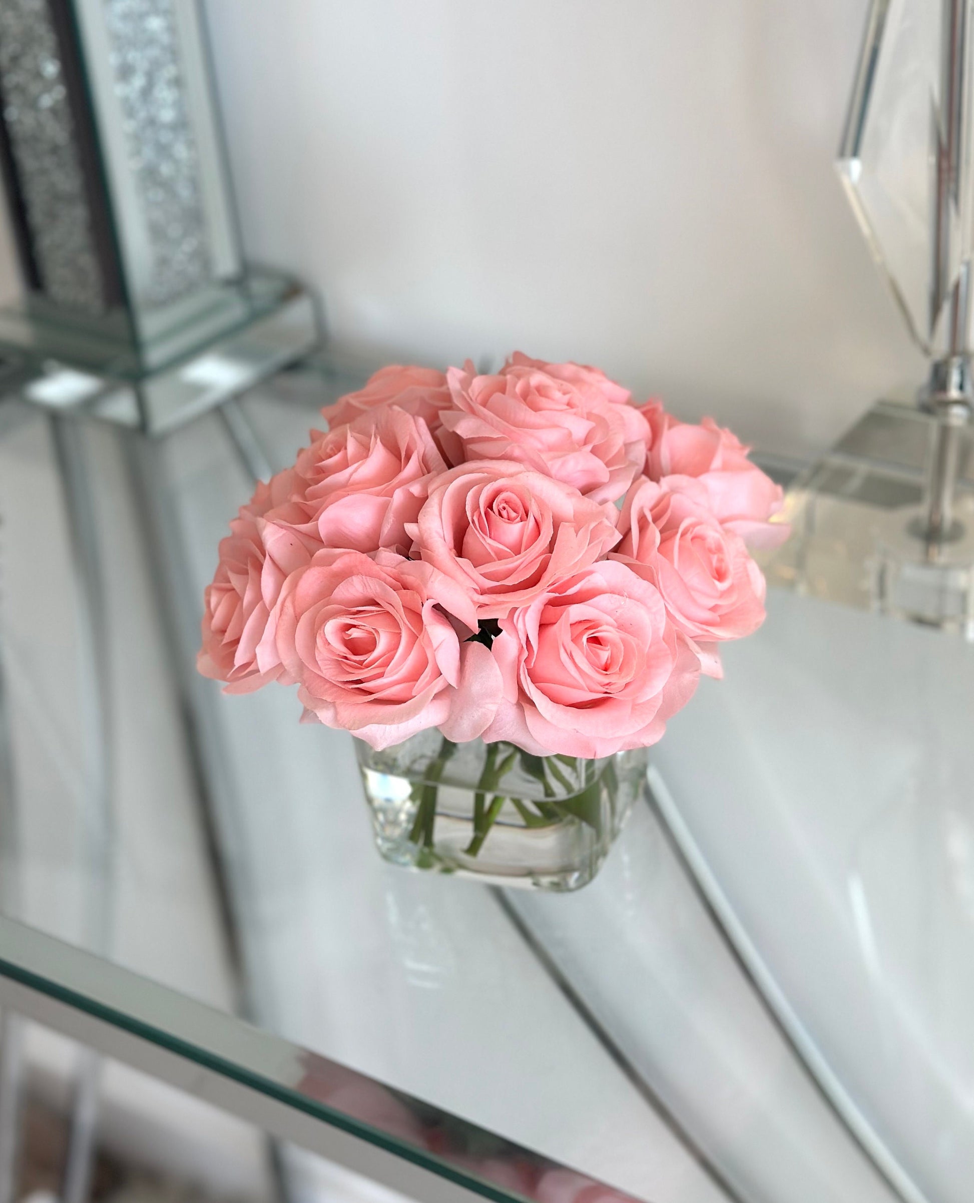 Real Touch Pink Rose Arrangement: Faux Water Centerpiece