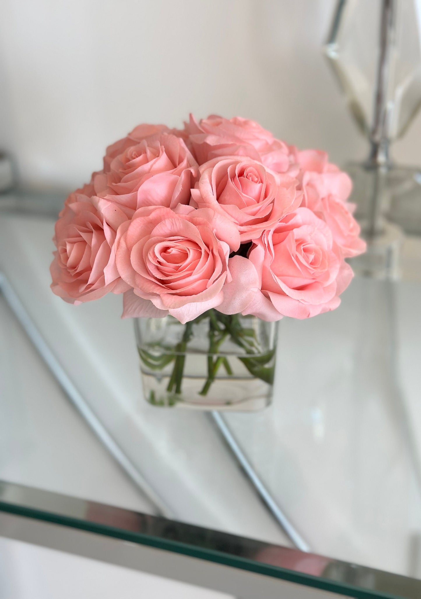 Real Touch Pink Rose Arrangement: Faux Water Centerpiece