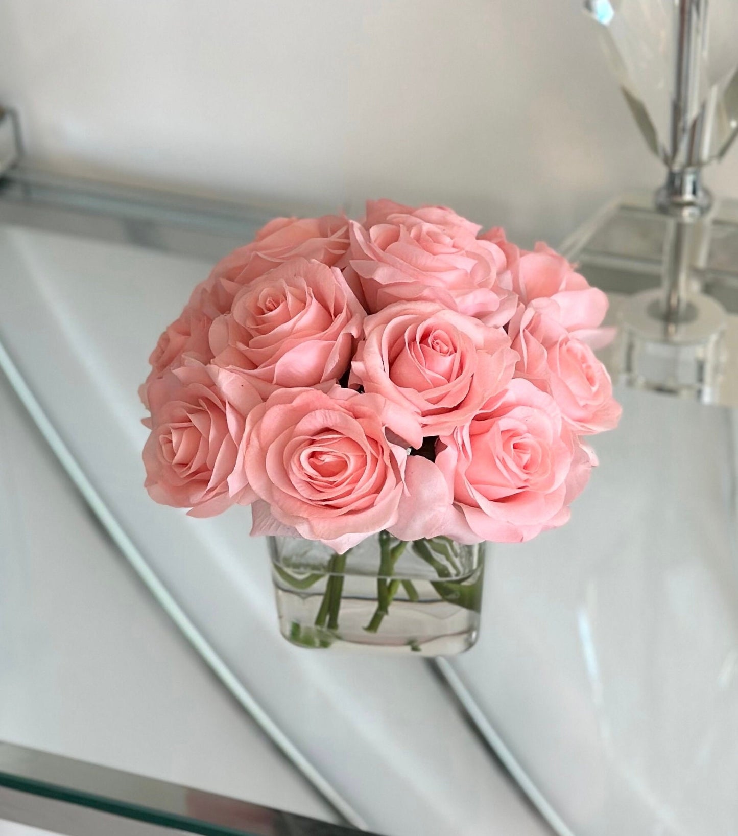 Real Touch Pink Rose Arrangement: Faux Water Centerpiece