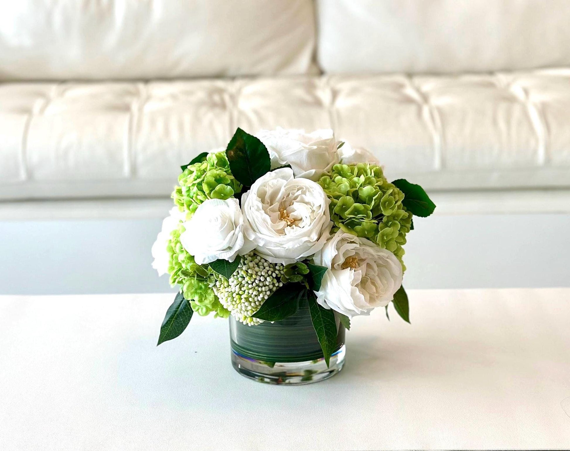 Real Touch Rose and Hydrangea Centerpiece: White & Green Faux Floral Arrangement