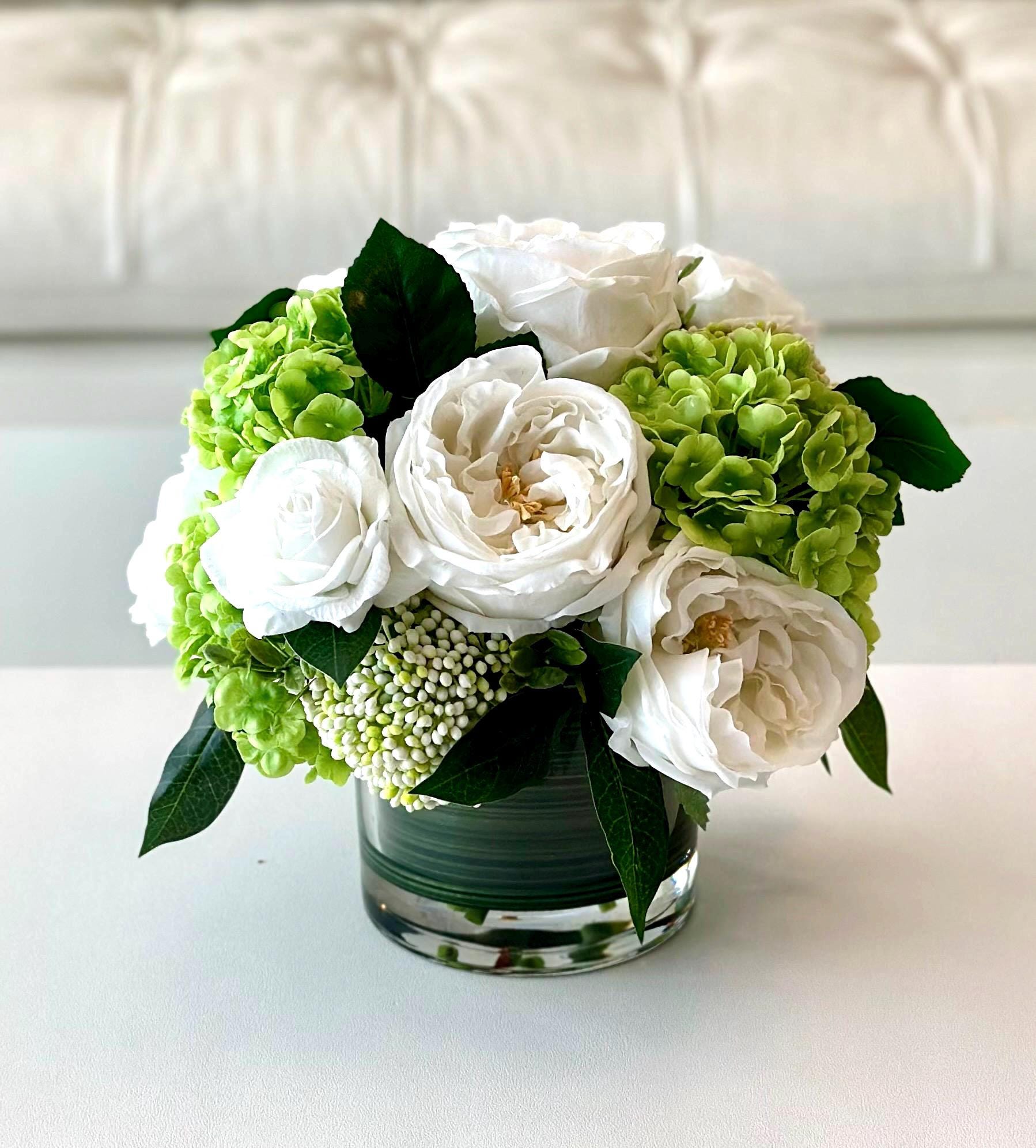 Real Touch Rose and Hydrangea Centerpiece: White & Green Faux Floral Arrangement