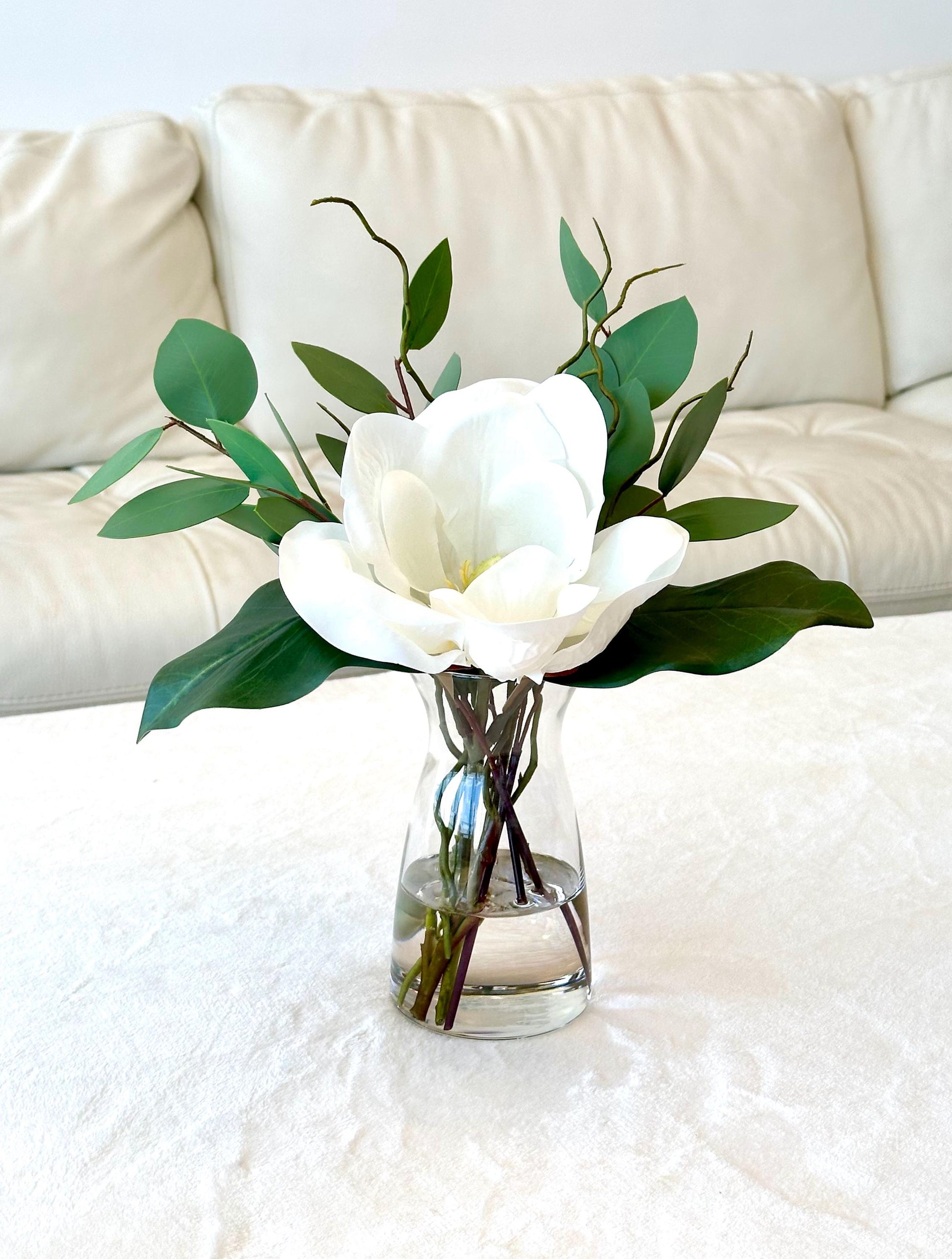 Real Touch White Magnolia & Eucalyptus Centerpiece - Faux Water