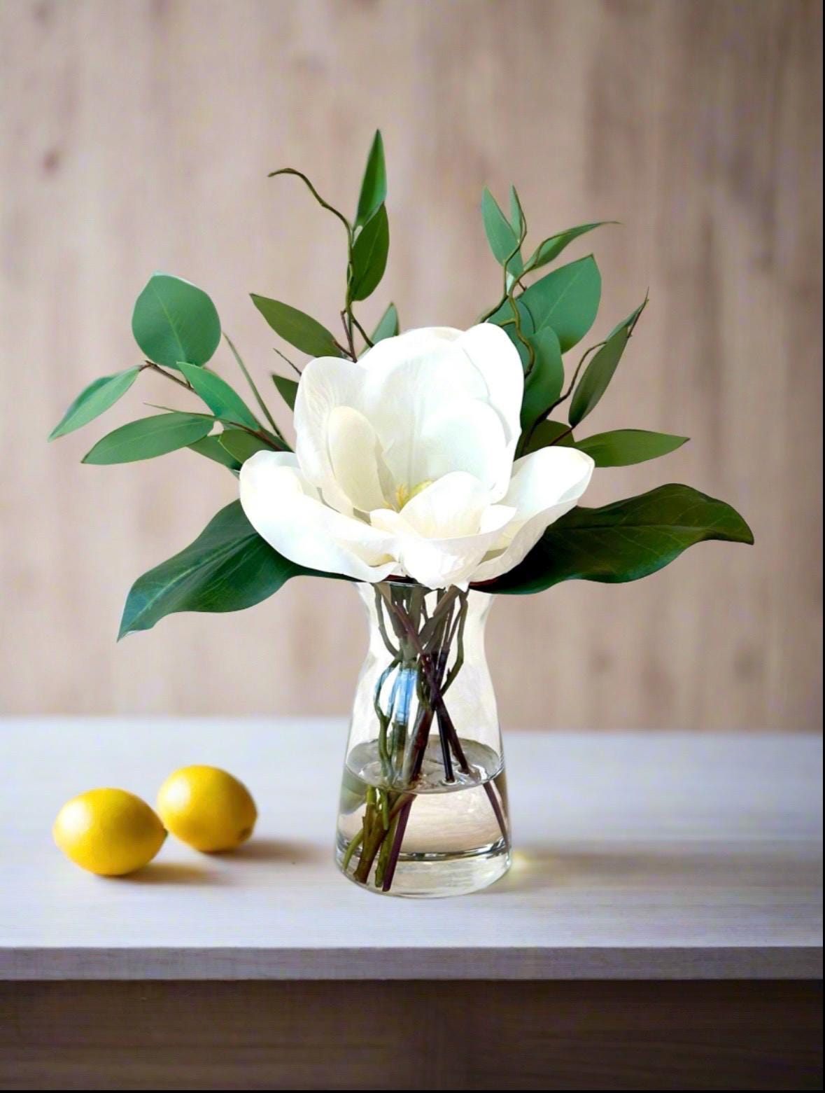 Real Touch White Magnolia & Eucalyptus Centerpiece - Faux Water