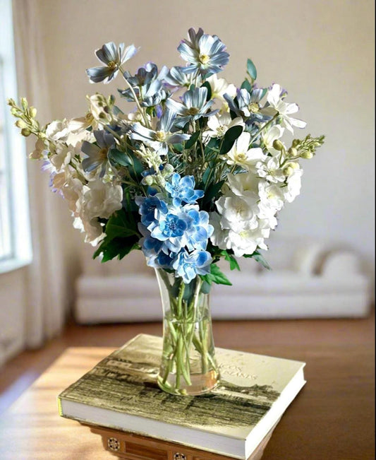 Real Touch Blue and White Delphinium and Wildflower Centerpiece