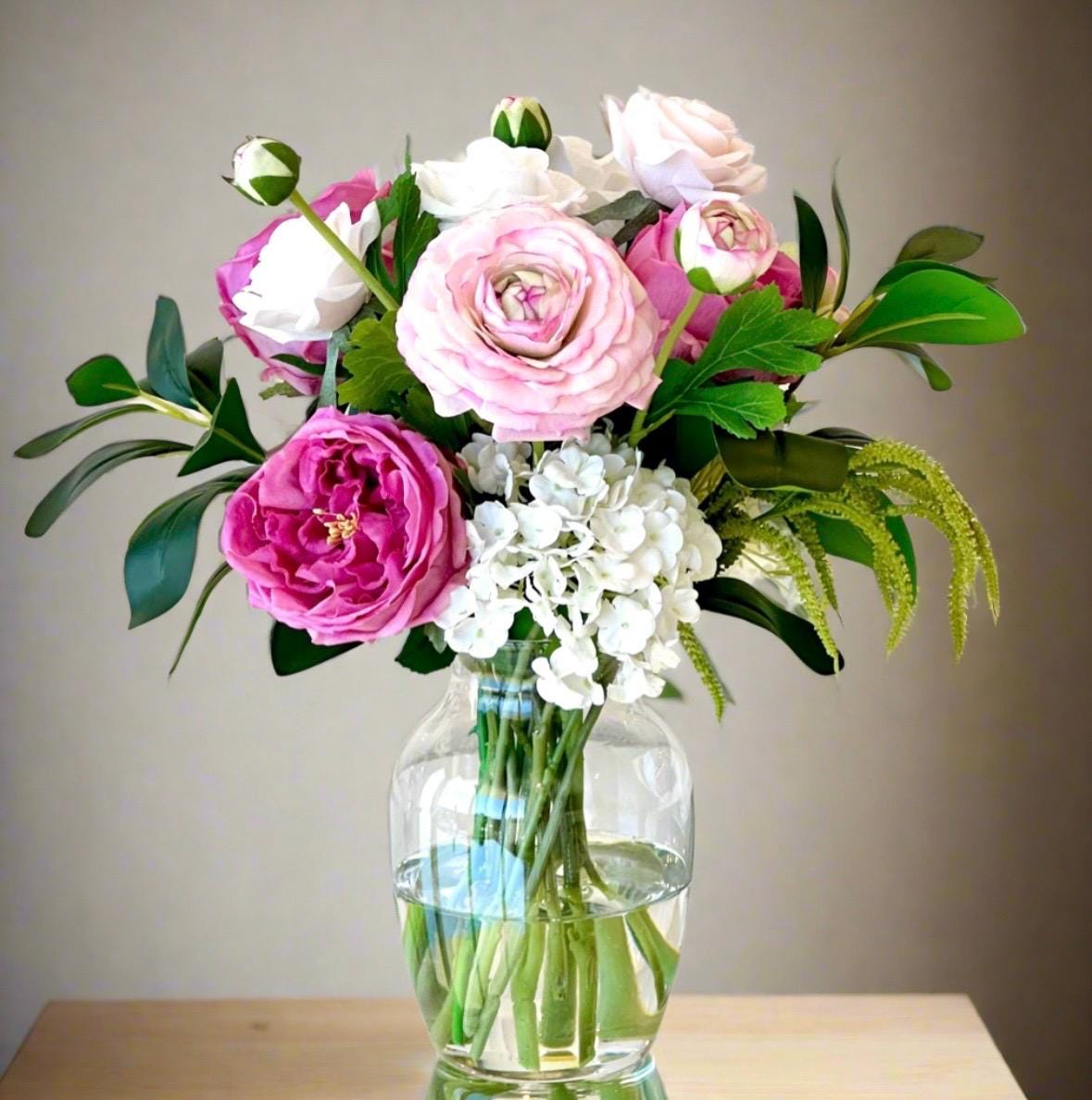 Real Touch Rose & Hydrangea Floral Arrangement: Fuchsia Spring Centerpiece