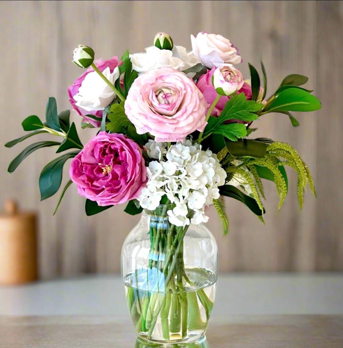 Real Touch Rose & Hydrangea Floral Arrangement: Fuchsia Spring Centerpiece