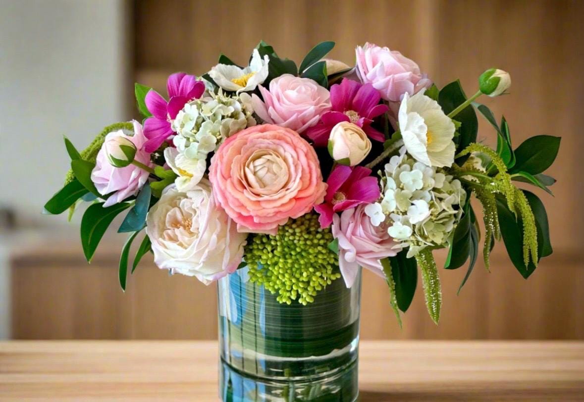 Real Touch Rose & Hydrangea Centerpiece: Fuchsia Floral Arrangement