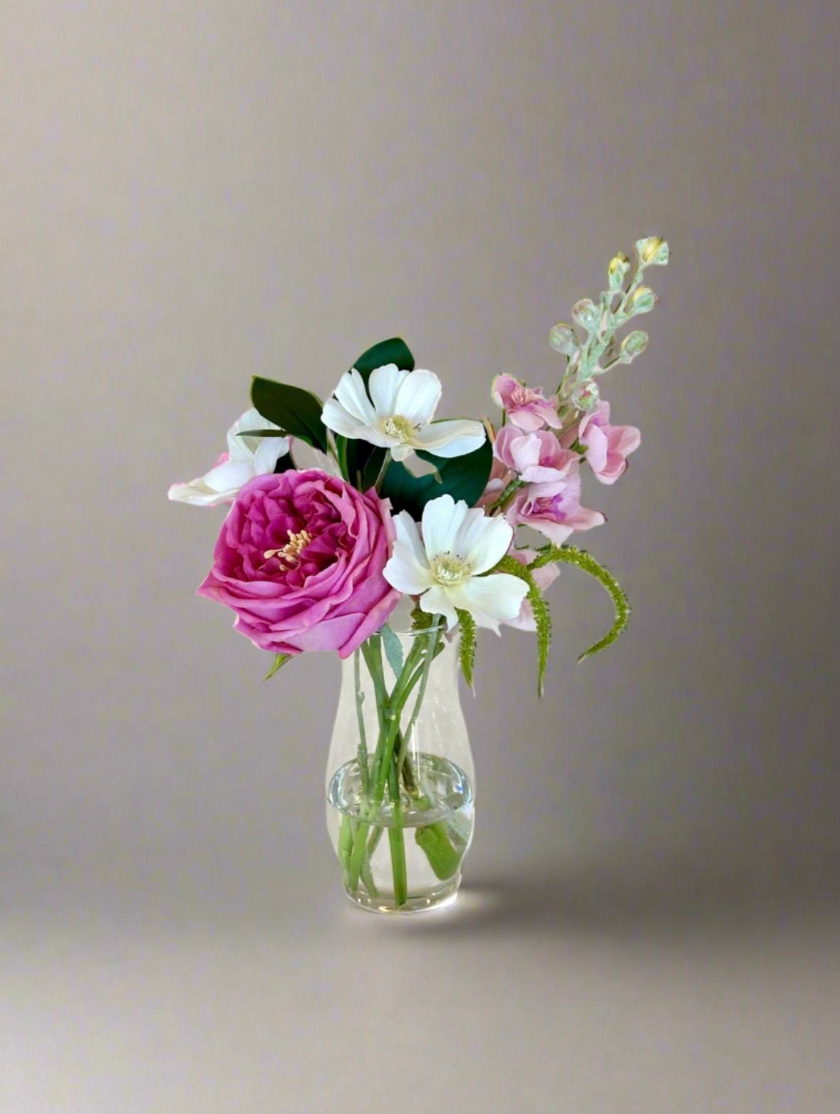 Real Touch Fuchsia Rose Floral Arrangement, Faux Spring Centerpiece