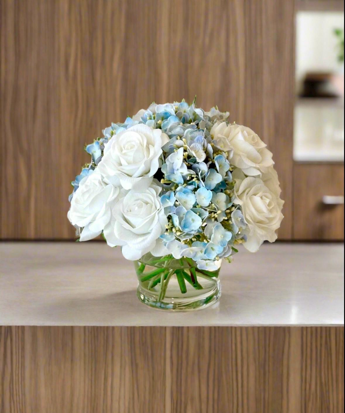 Real Touch Light Blue Hydrangea & White Rose Faux Floral Centerpiece