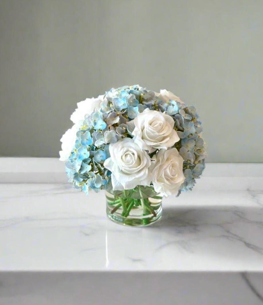 Real Touch Light Blue Hydrangea & White Rose Faux Floral Centerpiece