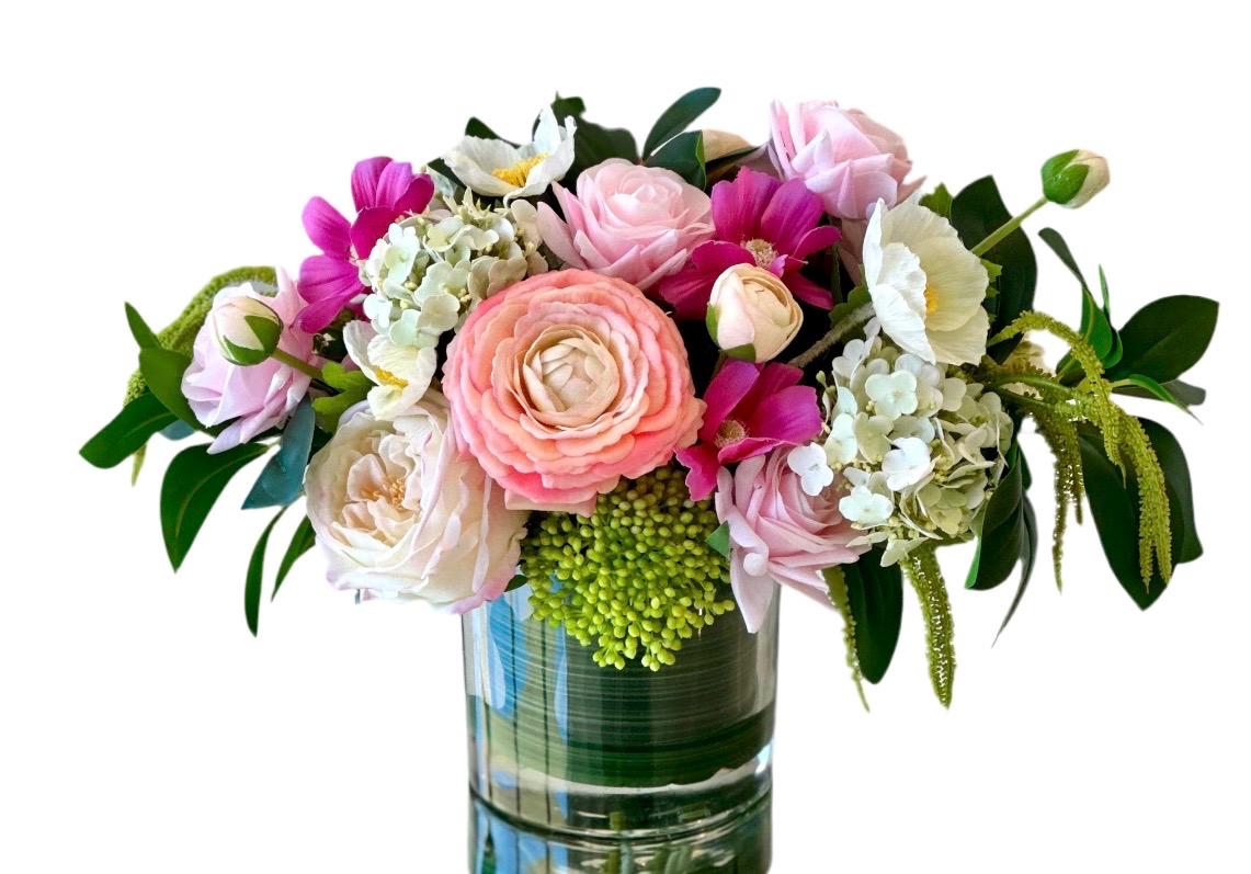 Real Touch Rose & Hydrangea Centerpiece: Fuchsia Floral Arrangement