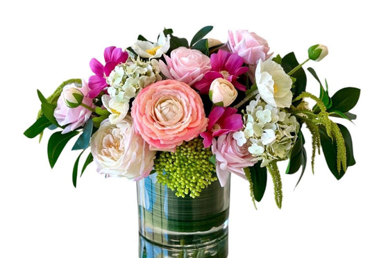 Real Touch Rose & Hydrangea Centerpiece: Fuchsia Floral Arrangement