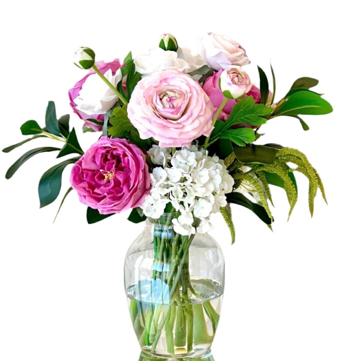 Real Touch Rose & Hydrangea Floral Arrangement: Fuchsia Spring Centerpiece