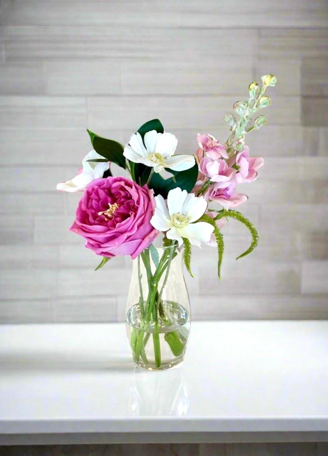 Real Touch Fuchsia Rose Floral Arrangement, Faux Spring Centerpiece