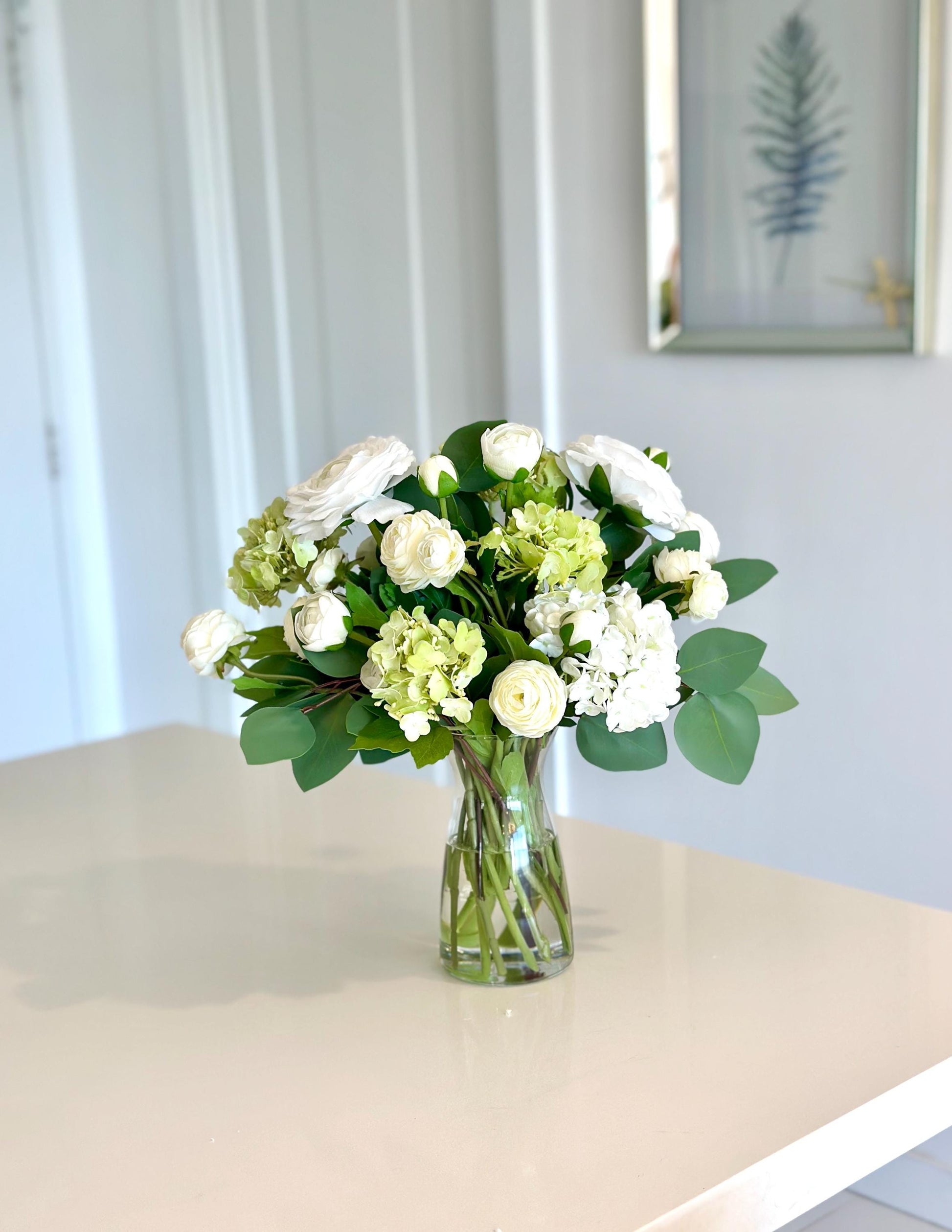 Real Touch Hydrangea Centerpiece: White & Green Artificial Floral
