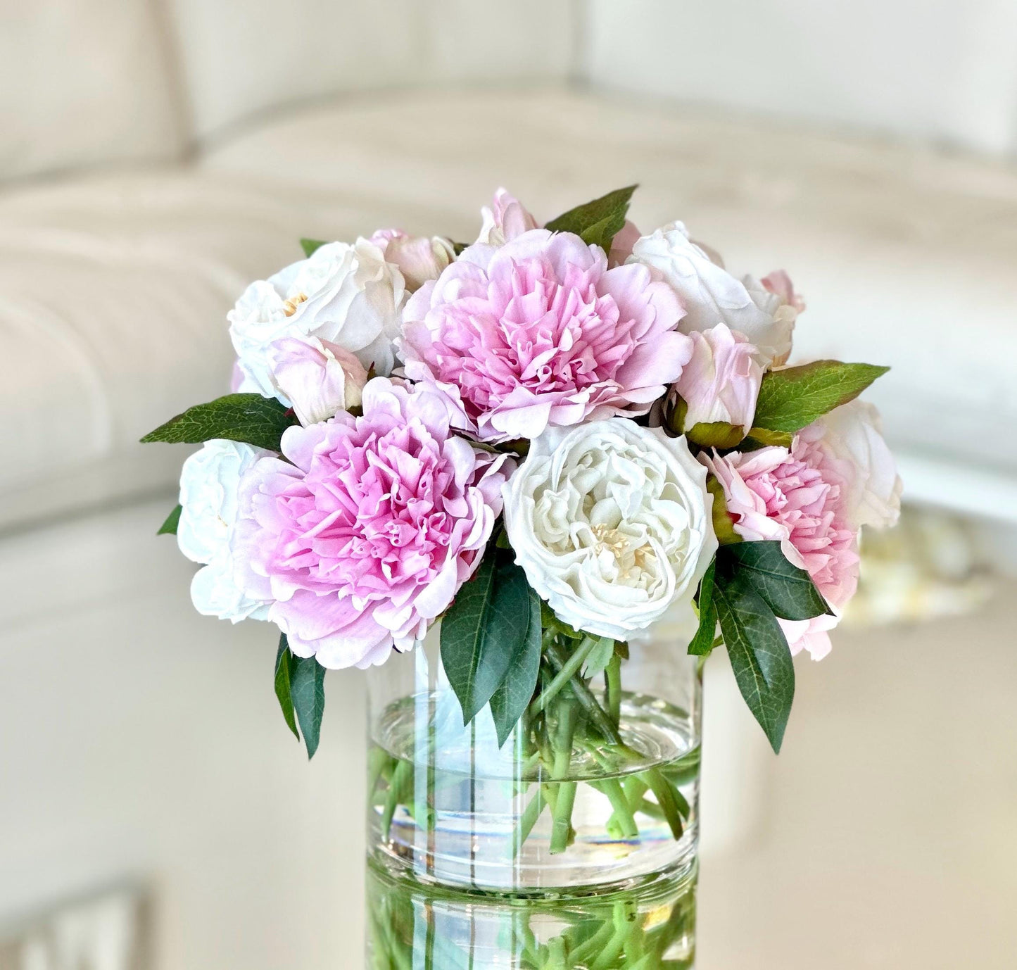 Real Touch Pink Peony & White Rose Centerpiece: Faux Floral Arrangement