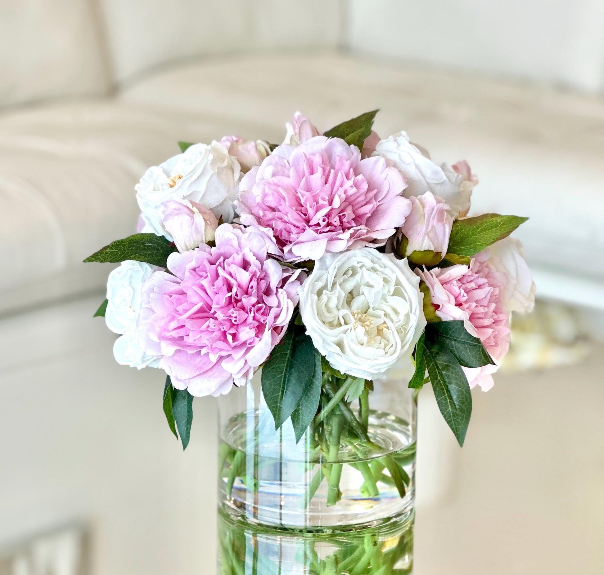 Real Touch Pink Peony & White Rose Centerpiece: Faux Floral Arrangement