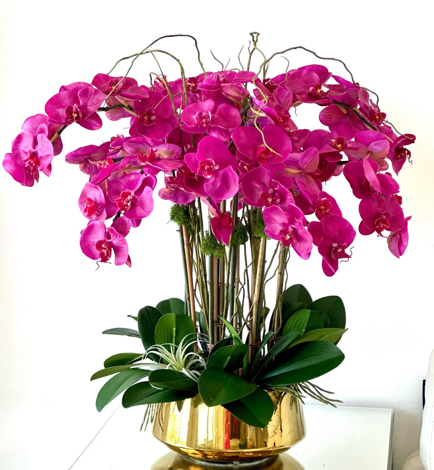 Real Touch Purple Orchid Centerpiece: Gold Planter Vase