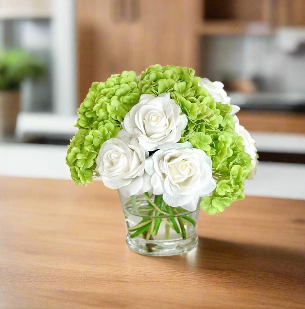 Real Touch Light Blue Hydrangea & White Rose Faux Floral Centerpiece