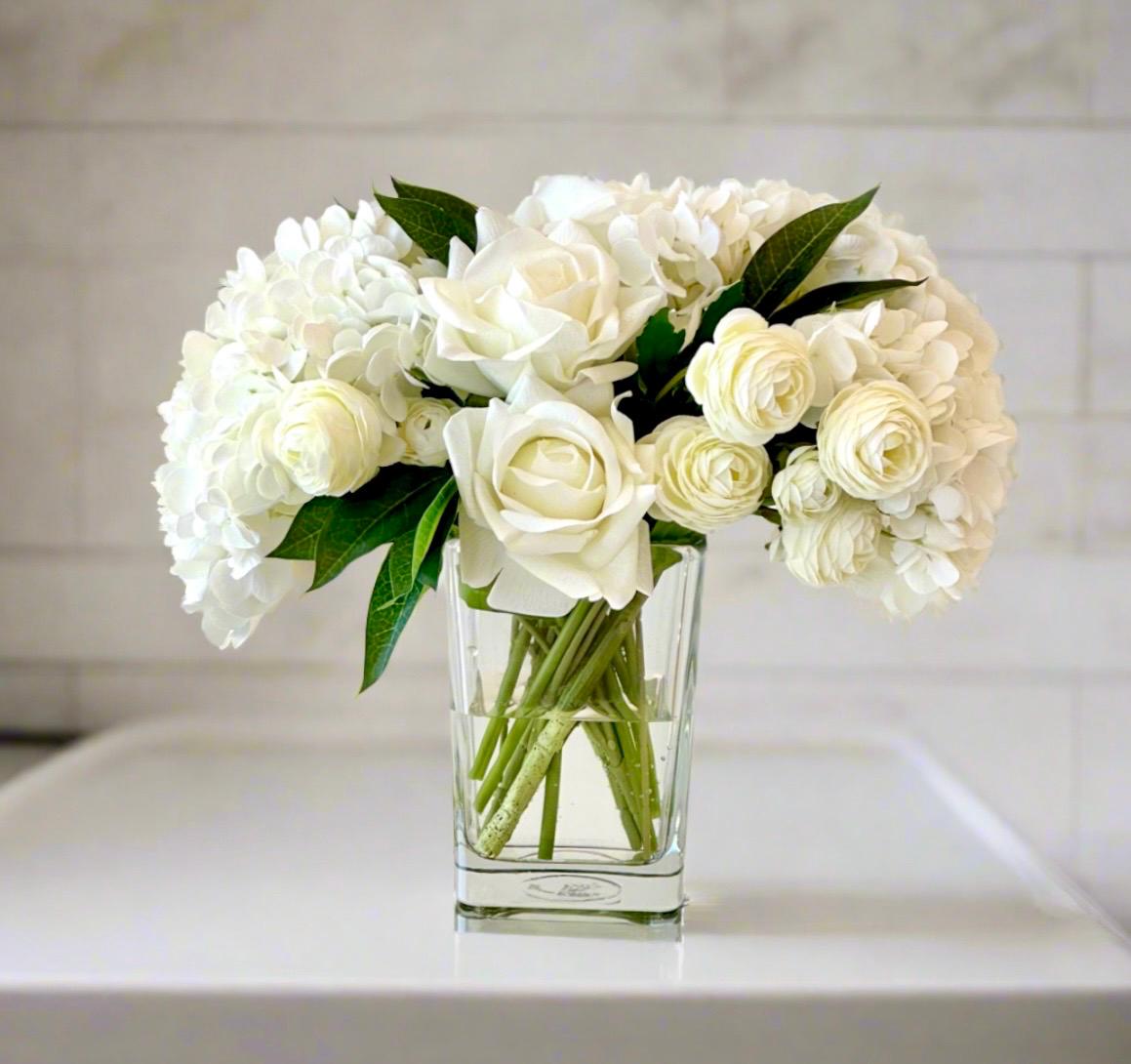 Real Touch Hydrangea Centerpiece: Faux Rose & Ranunculus Arrangement