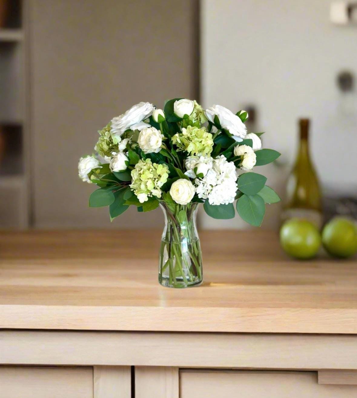 Real Touch Hydrangea Centerpiece: White & Green Artificial Floral