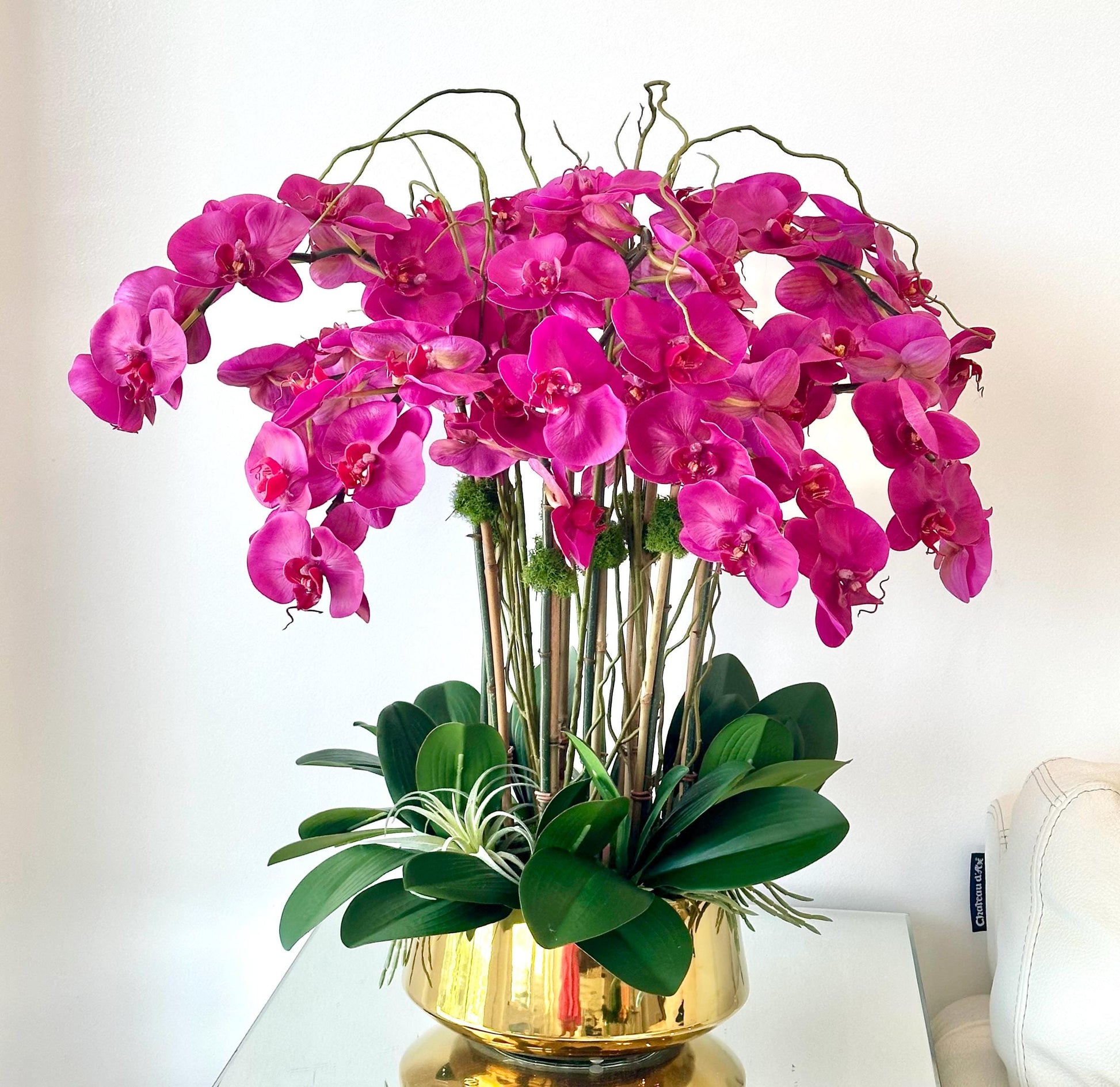 Real Touch Purple Orchid Centerpiece: Gold Planter Vase