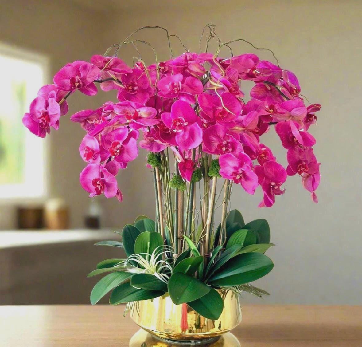 Real Touch Purple Orchid Centerpiece: Gold Planter Vase