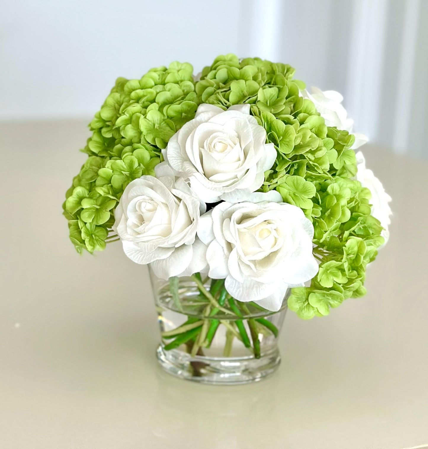 Real Touch Light Blue Hydrangea & White Rose Faux Floral Centerpiece