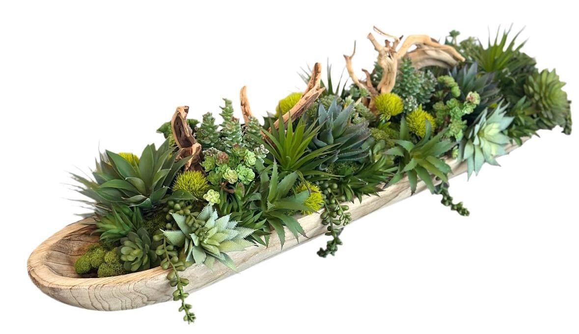 Long Wood Bowl Faux Succulent Arrangement: Greenery Centerpiece