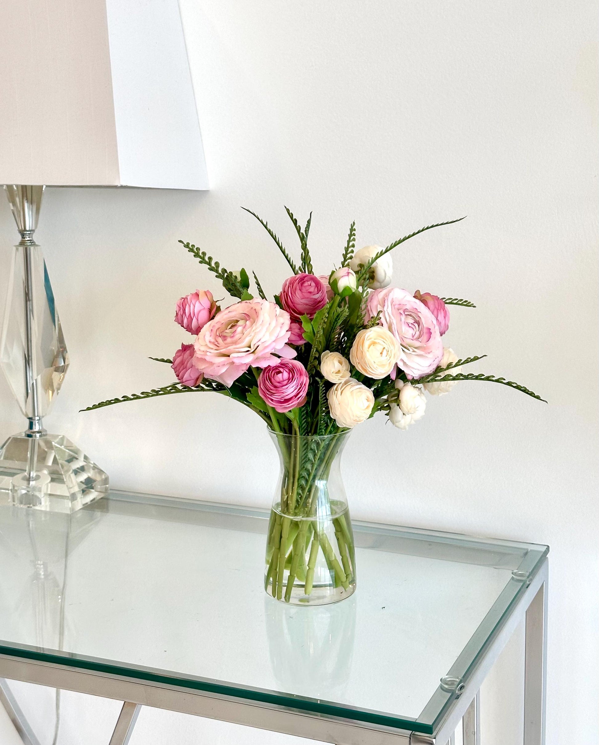 Real Touch Ranunculus Floral Arrangement: Pink Centerpiece, Faux Water