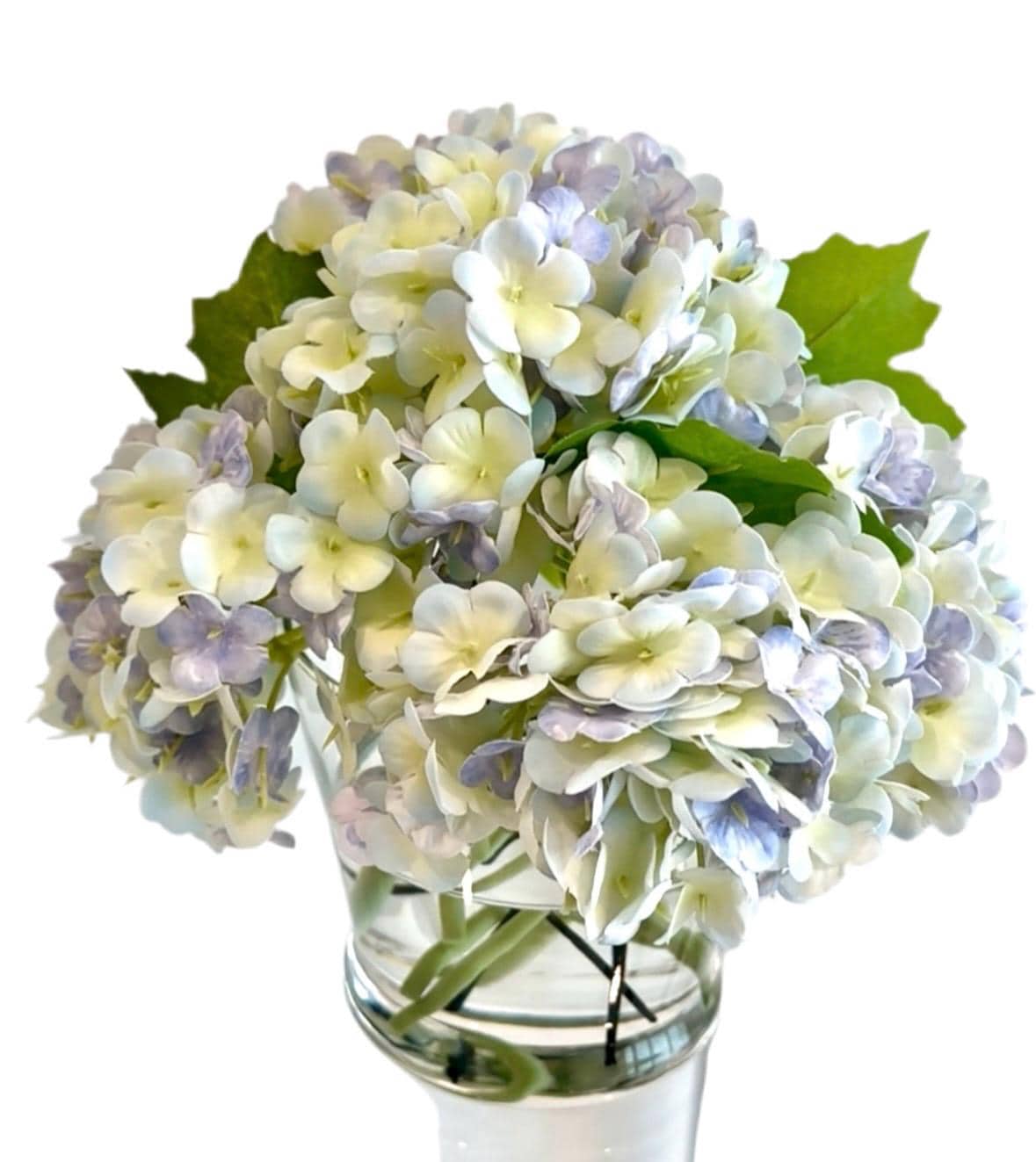 Real Touch White Hydrangea Arrangement: Faux Floral Centerpiece in Glass Vase