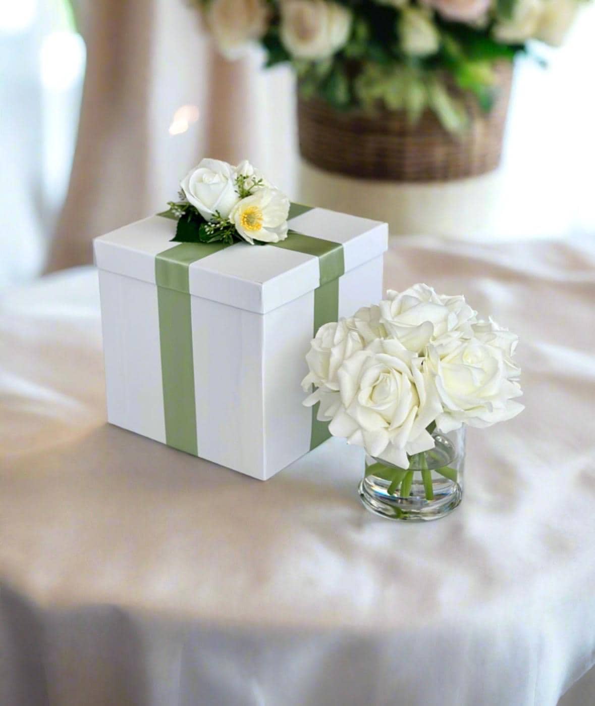 Real Touch Ivory Rose Gift Box: Floral Arrangement Centerpiece