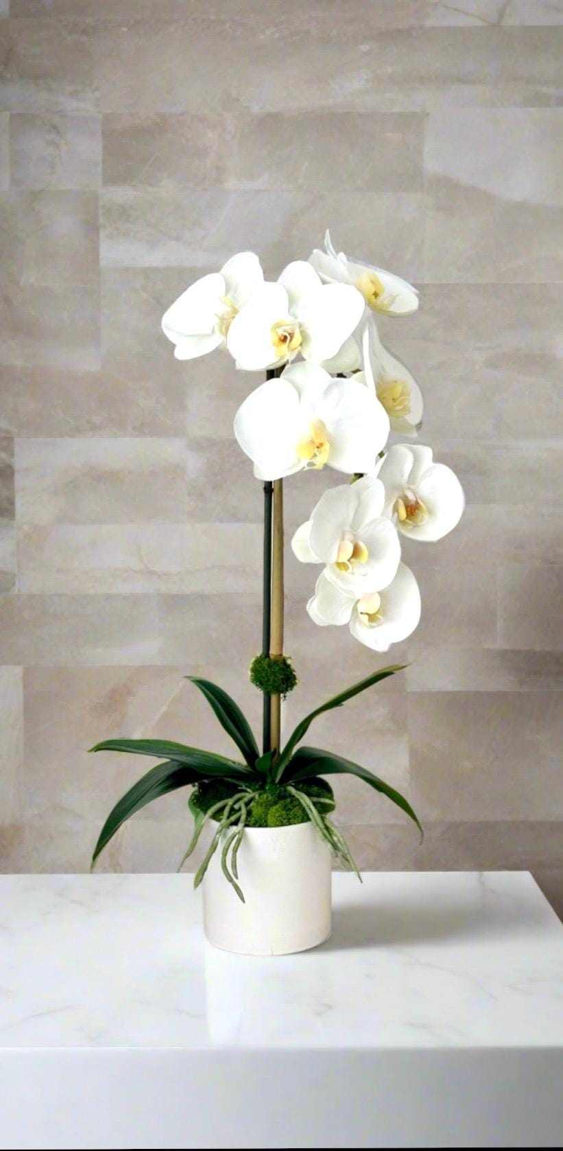 Real Touch White Orchid Arrangement: Faux Floral Centerpiece, 18” Tall