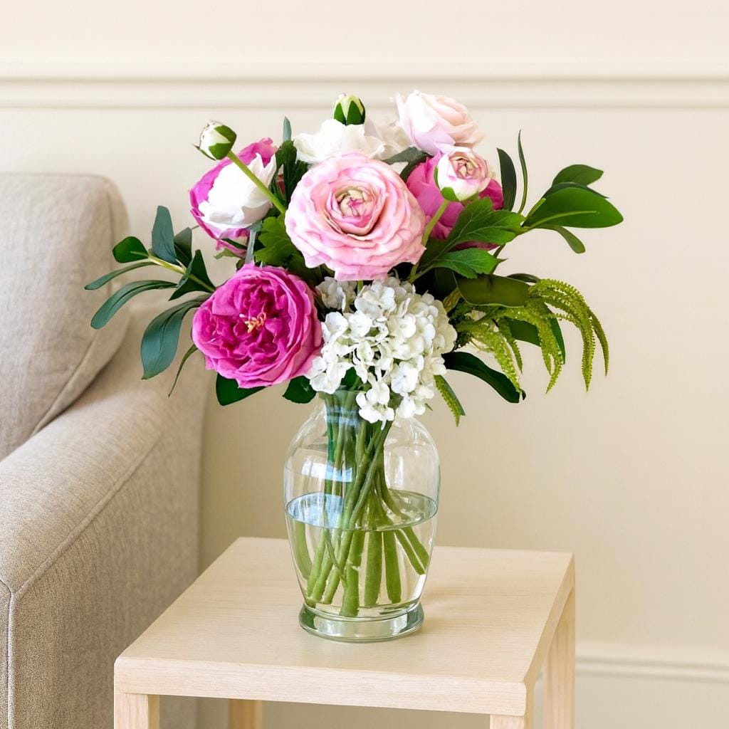 Real Touch Rose & Hydrangea Floral Arrangement: Fuchsia Spring Centerpiece