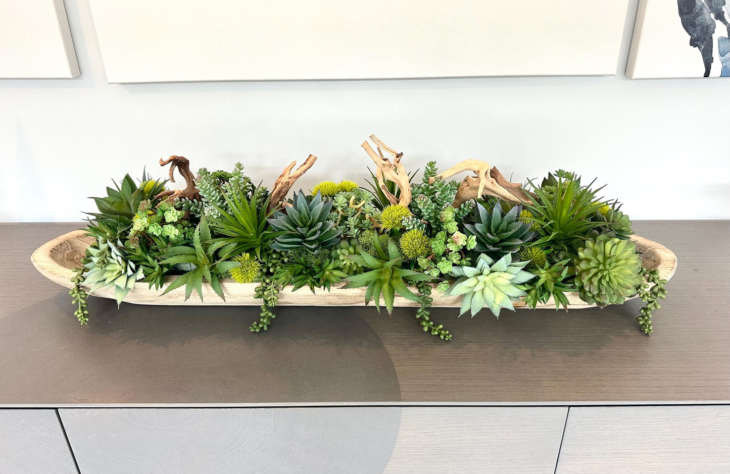 Long Wood Bowl Faux Succulent Arrangement: Greenery Centerpiece