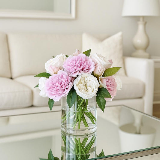 Real Touch Pink Peony & White Rose Centerpiece: Faux Floral Arrangement