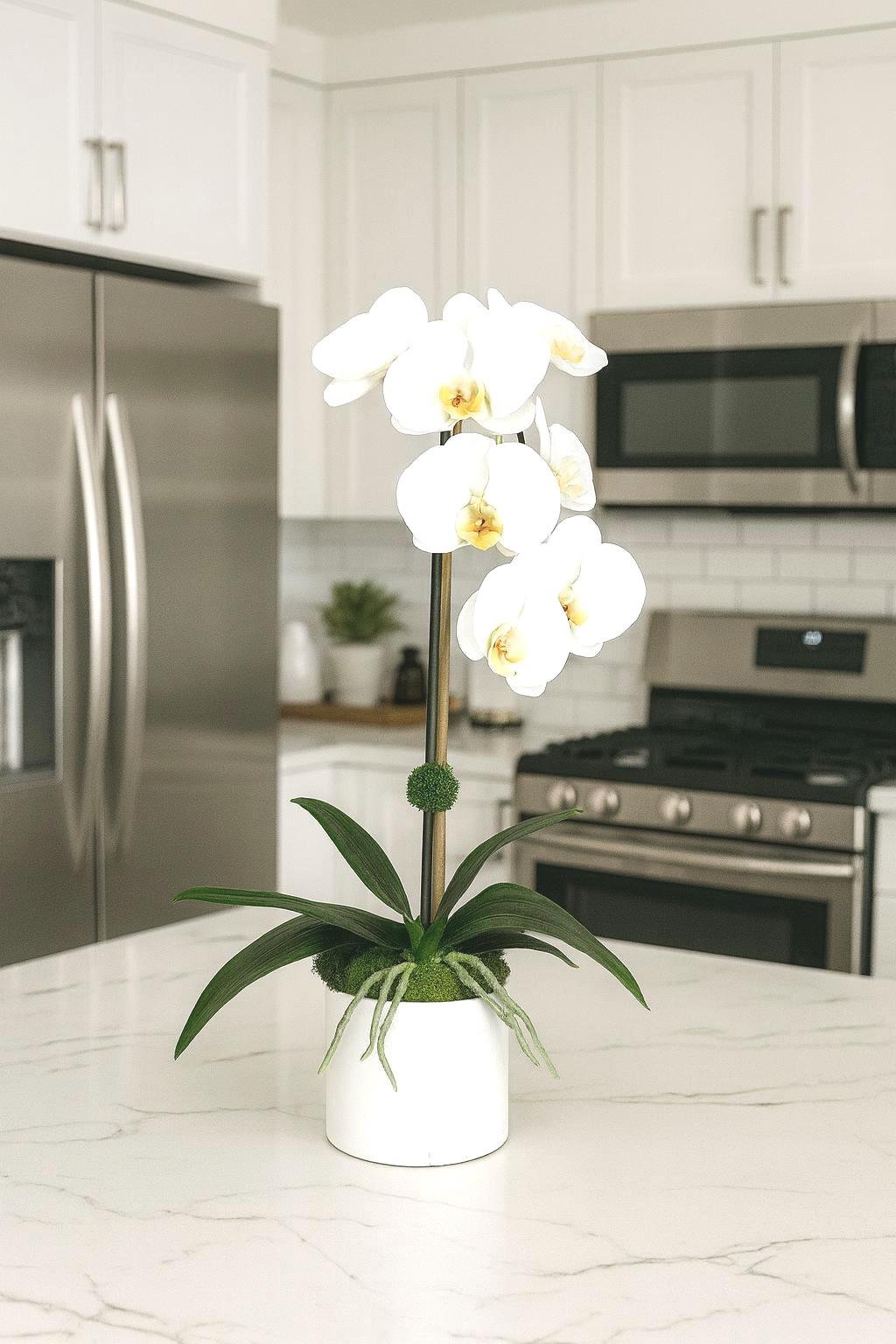 Real Touch White Orchid Arrangement: Faux Floral Centerpiece, 18” Tall
