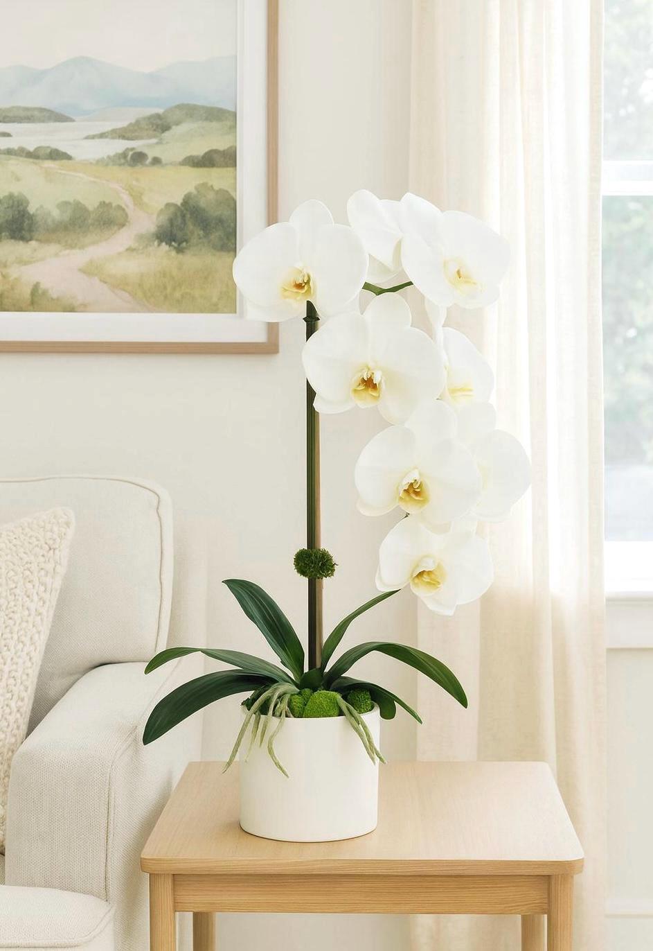 Real Touch White Orchid Arrangement: Faux Floral Centerpiece, 18” Tall
