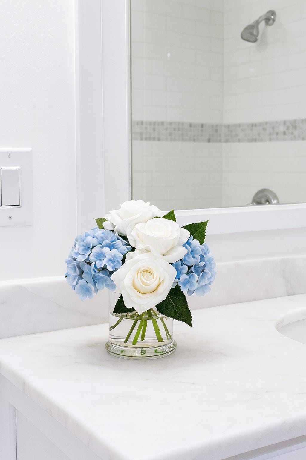 Real Touch Hydrangea & Rose Gift Box Floral Arrangement in Glass Vase and Faux Water