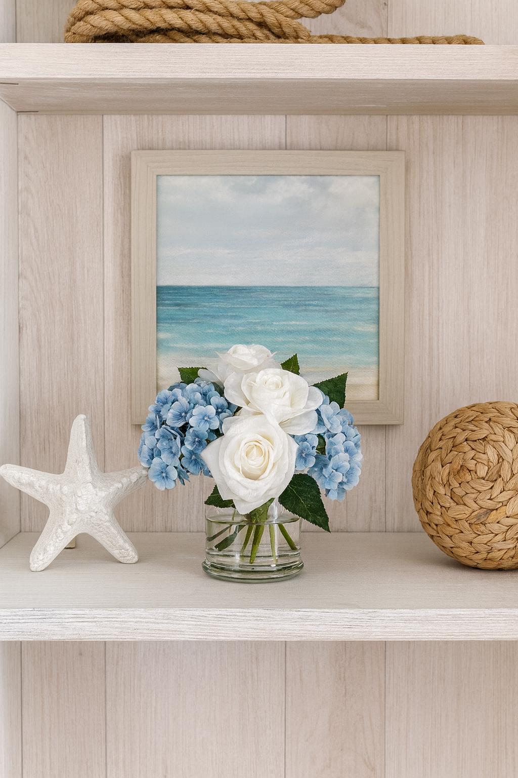 Real Touch Hydrangea & Rose Arrangement: Floral Centerpiece in Glass Vase