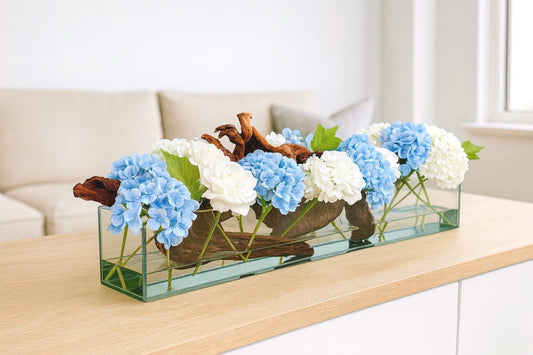 Real Touch Hydrangea Centerpiece: Blue & White Faux Floral Arrangement