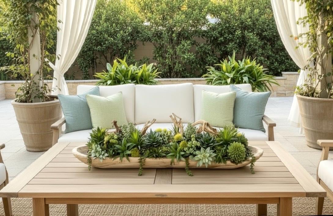 Long Wood Bowl Faux Succulent Arrangement: Greenery Centerpiece