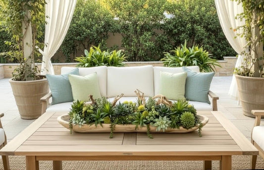 Long Wood Bowl Faux Succulent Arrangement: Greenery Centerpiece