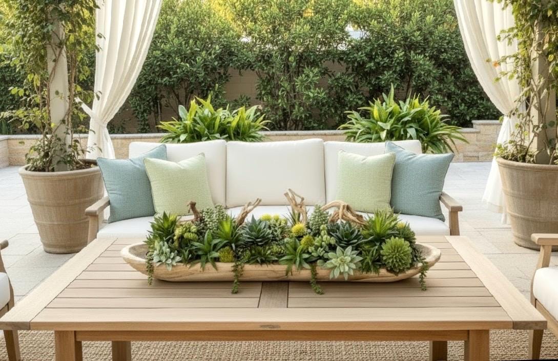 Long Wood Bowl Faux Succulent Arrangement: Greenery Centerpiece