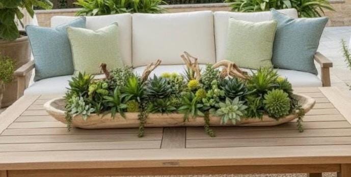 Long Wood Bowl Faux Succulent Arrangement: Greenery Centerpiece