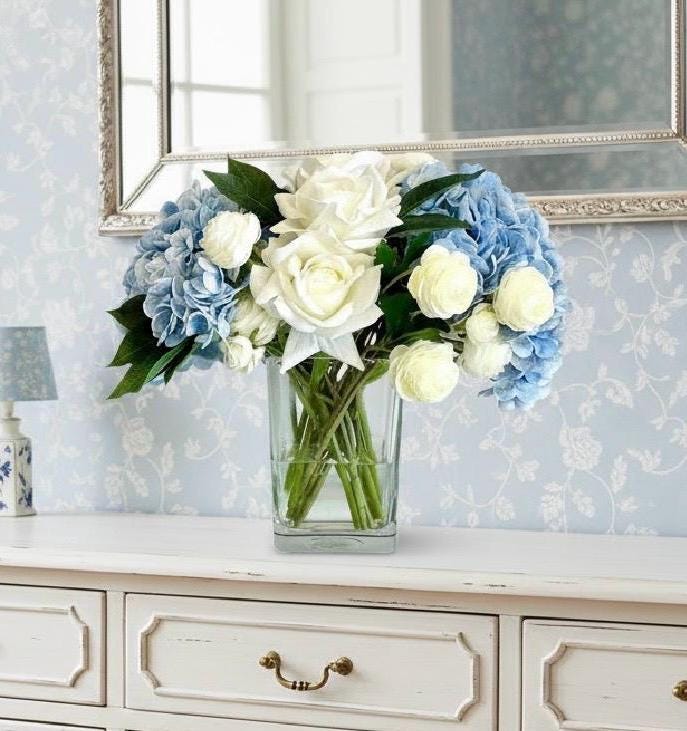 Real Touch Blue Hydrangea Centerpiece: Faux Rose & Ranunculus Floral Decor