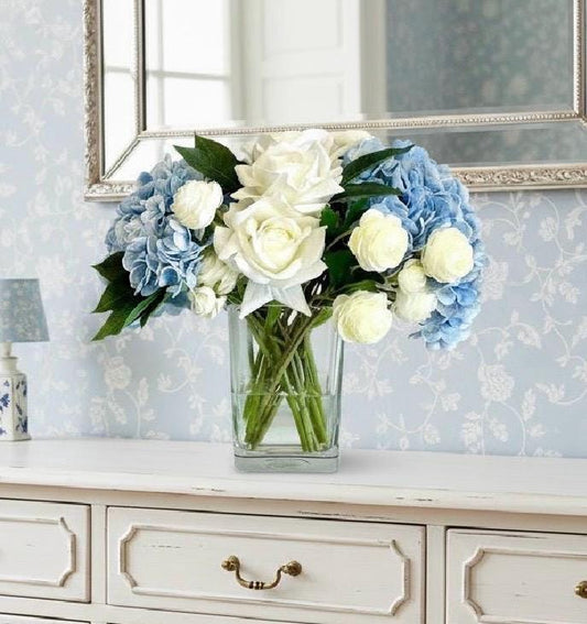 Real Touch Blue Hydrangea Centerpiece: Faux Rose & Ranunculus Floral Decor