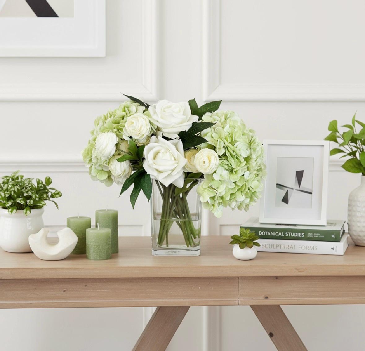 Real Touch Blue Hydrangea Centerpiece: Faux Rose & Ranunculus Floral Decor