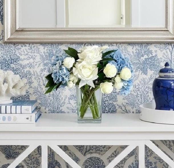 Real Touch Blue Hydrangea Centerpiece: Faux Rose & Ranunculus Floral Decor
