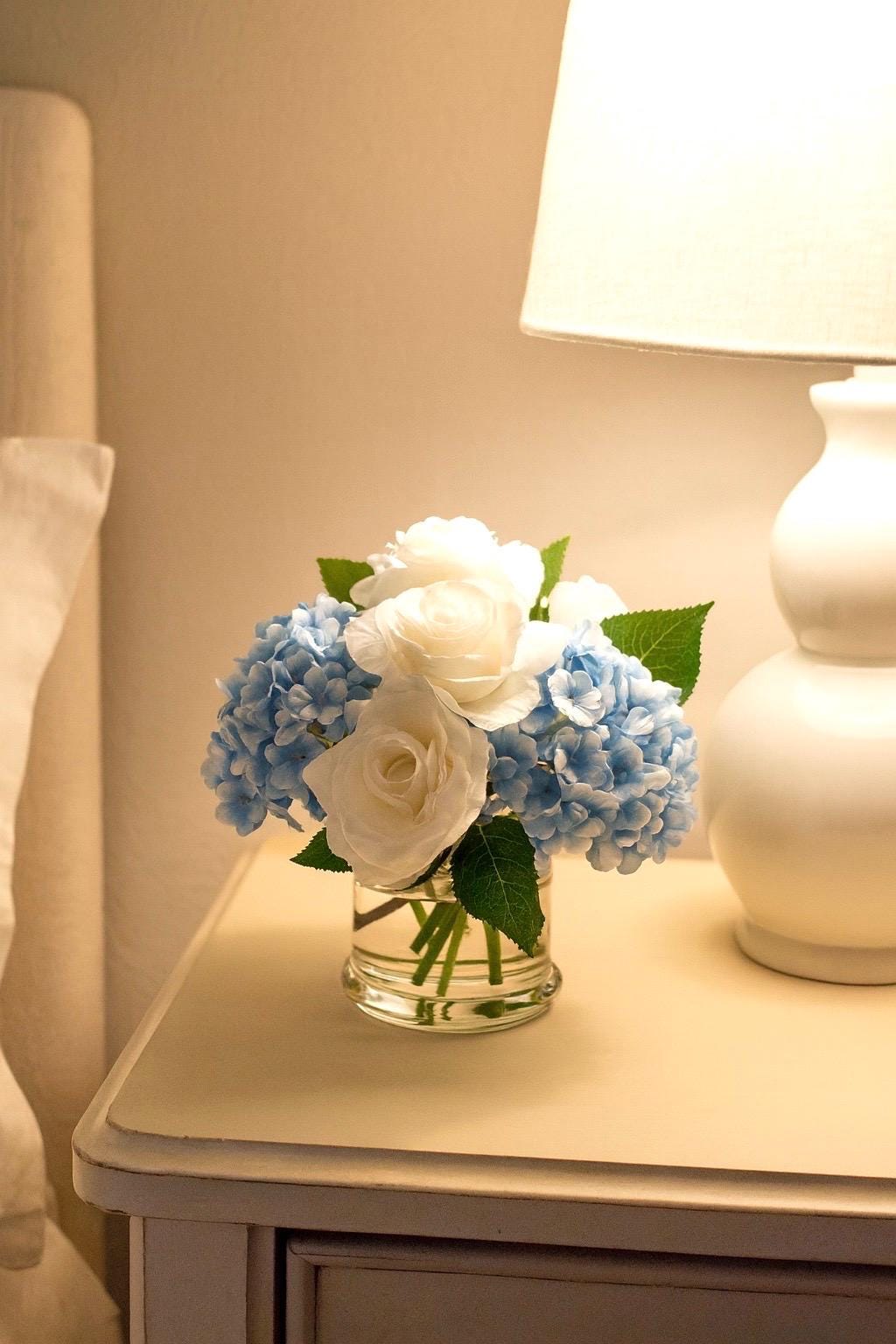 Real Touch Hydrangea & Rose Gift Box Floral Arrangement in Glass Vase and Faux Water